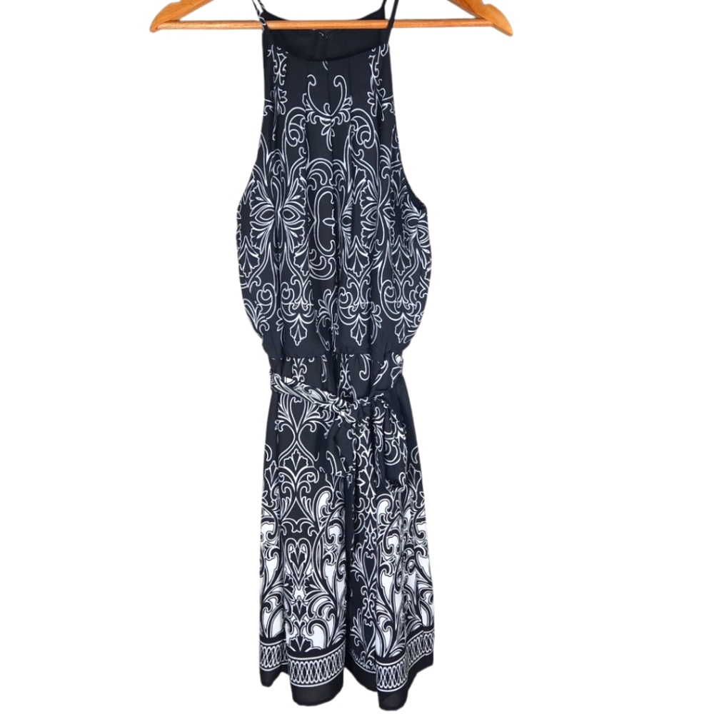 Bisou Bisou Black White Sleeveless Empire Tie Waist Sun Dress 6 Ornate Patterns